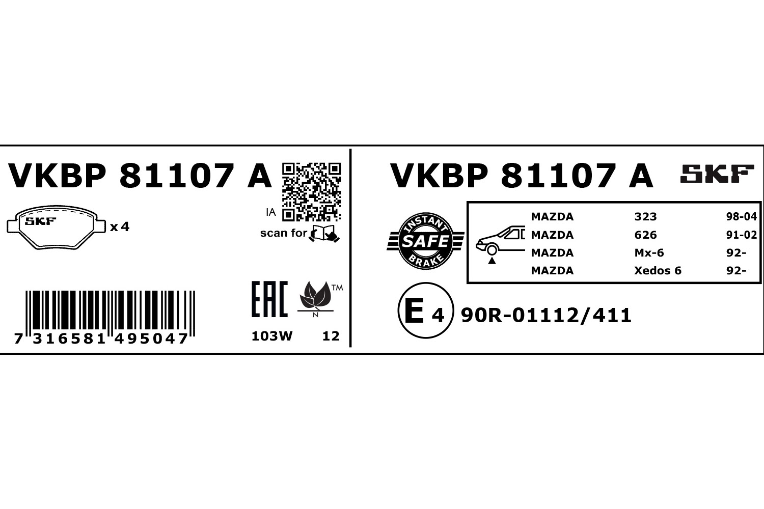 SKF VKBP 81107 A Bremsbelagsatz, Scheibenbremse